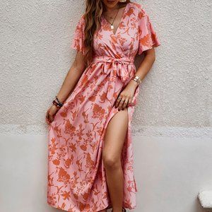 New Allover Print Butterfly Sleeve Split Side Belted Dress Pink